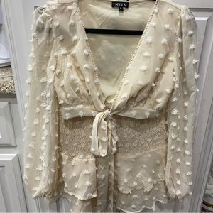 Meek Cream Polka Dot Puff Sleeve Tie Front Crop Top Two-Piece Skirt Set